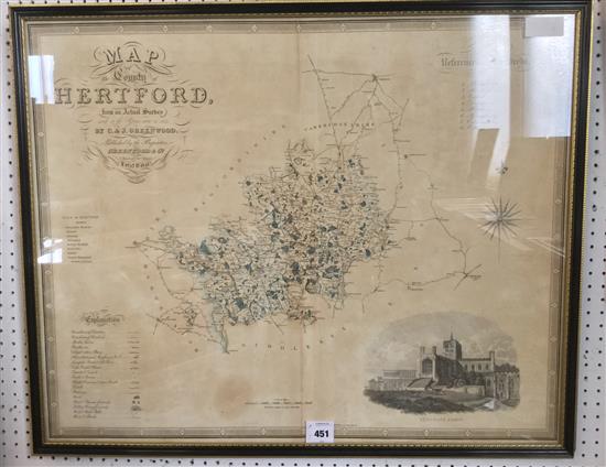 Map of The County of Hertfordshire by C&J Greenwood & Co, 1834 59 cm x 74 cm with vignette of St. Albans Abbey